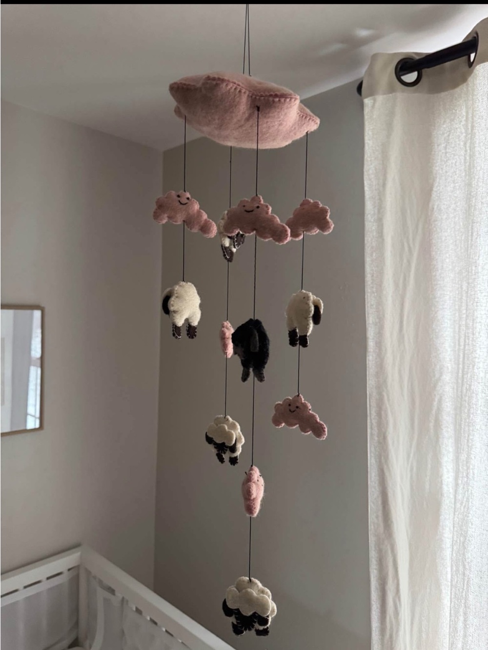 Felted Pink Cloud & Sheep Baby Mobile